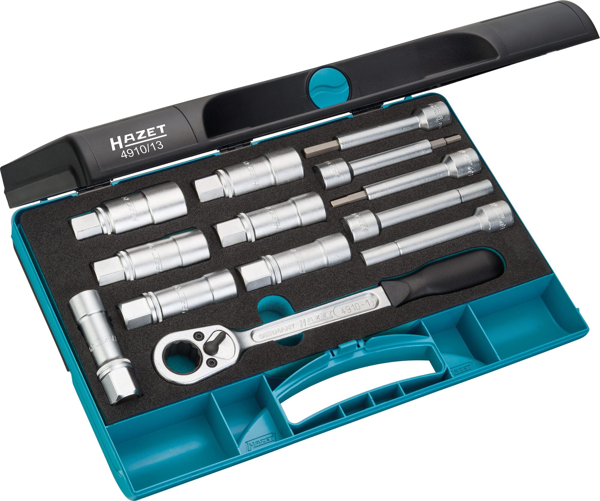 HAZET Schokdempergereedschapset 4910/13 · 1/2 inch (12,5 mm) vierkant hol · Binnen-zeskant-profiel, Tapprofiel hol, Buiten-zeskant-profiel · 13-delig