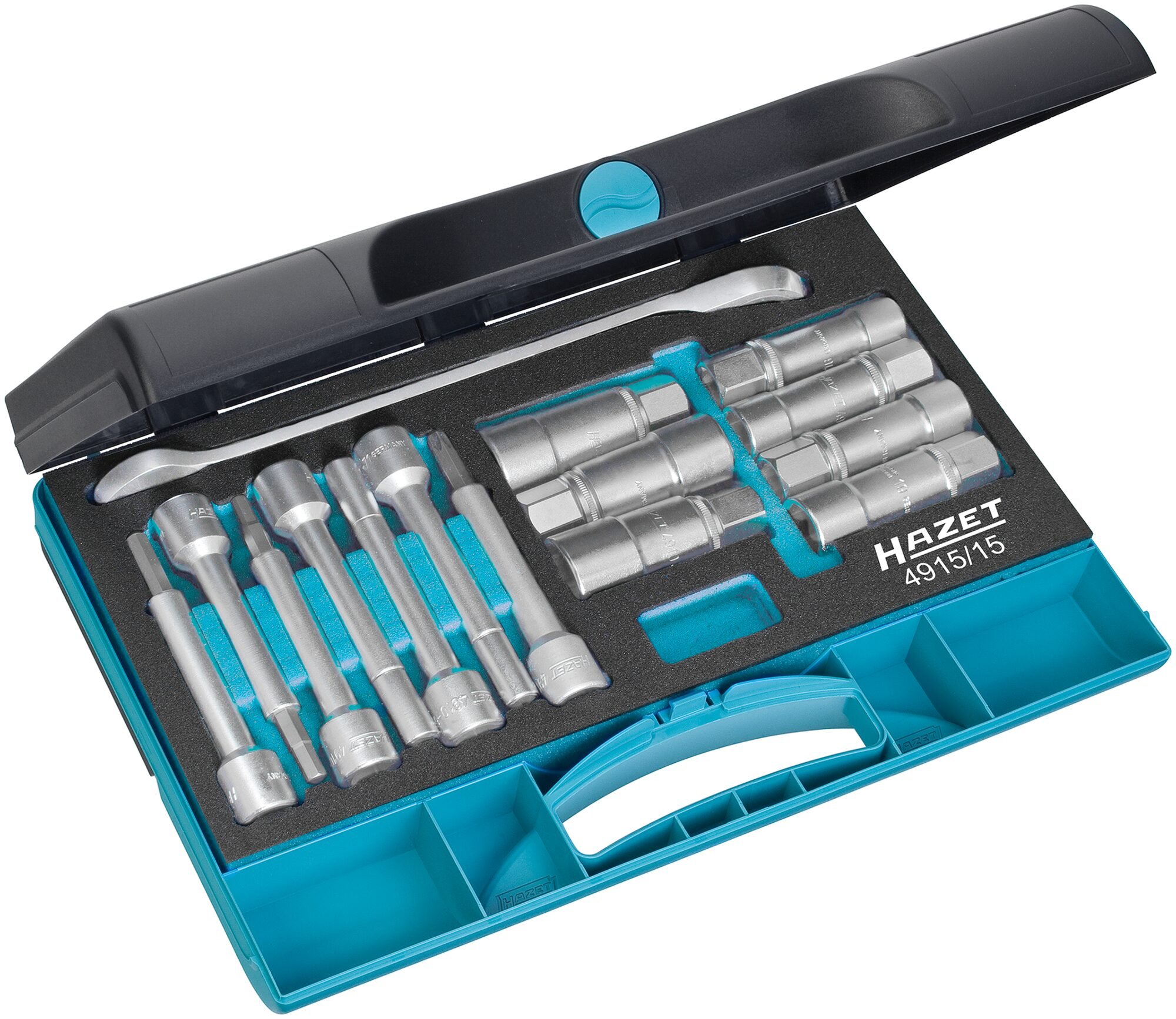 HAZET Schokdempergereedschapset 4915/15 | 1/2 inch (12,5 mm) vierkant hol | Binnen-TORX®-profiel, Binnen-zeskant-profiel, Tapprofiel hol,