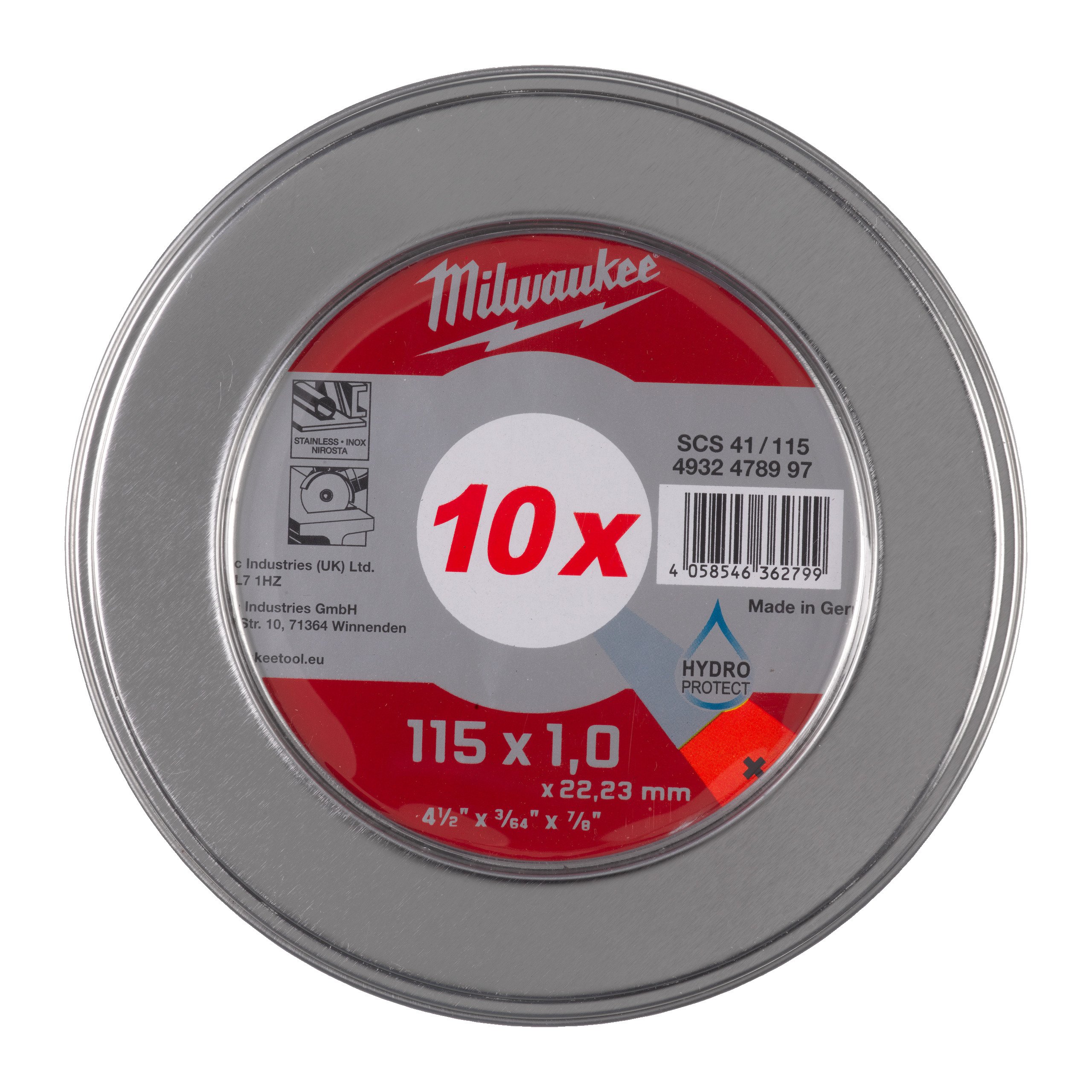 Milwaukee Cut.W Pro+ SCS 41 115 x 1.0 mm MetalBox 10 pcs Doorslijpschijf metaal PRO+ SCS41 115 x 1 mm dun 10 stuks in metal box 4932478997