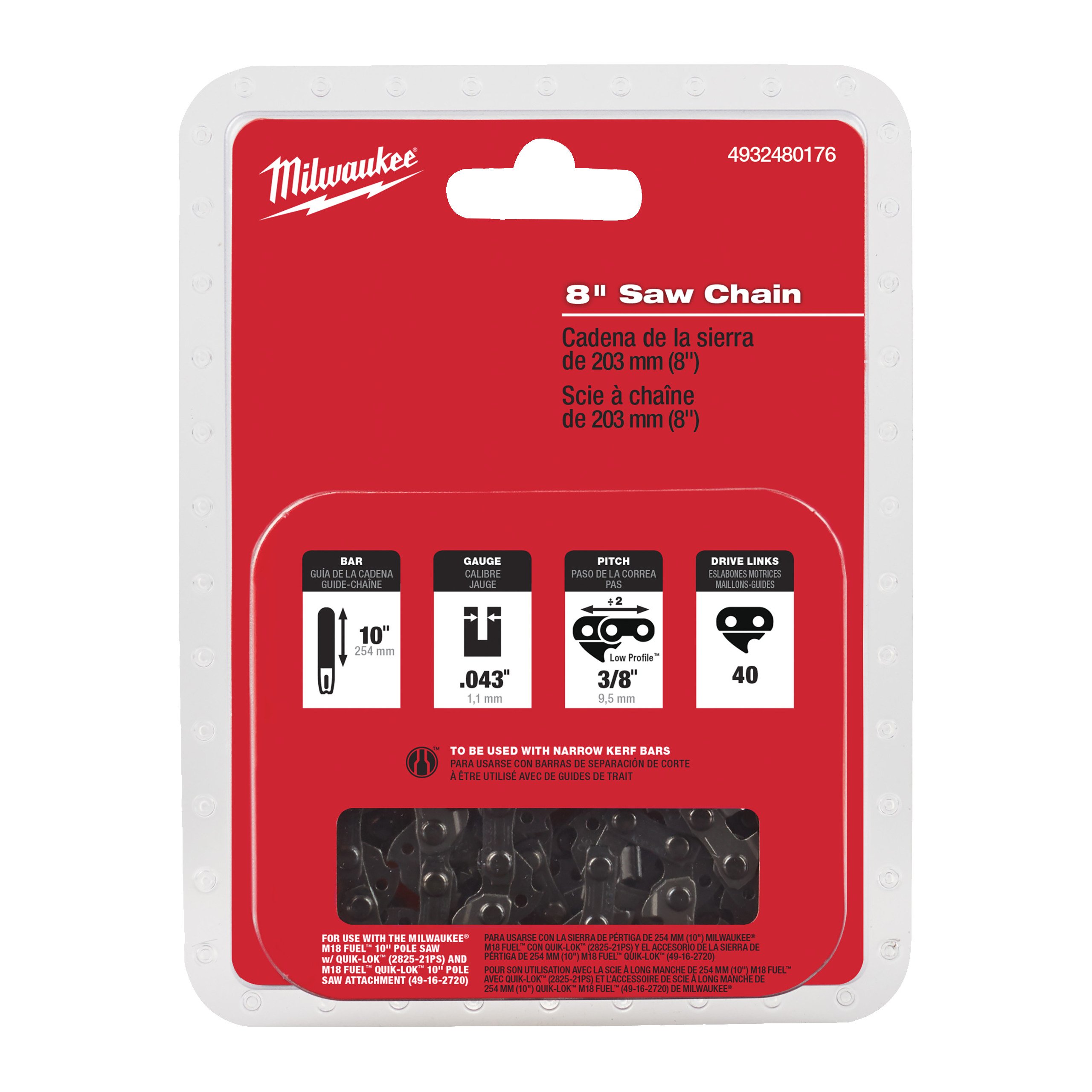 Milwaukee 20 cm/ 8" saw chain 3/8" x 1.1 M18 FHS Ketting tbv kettingzaag 20 cm 8" voor M18 FHS20 - 4932480176