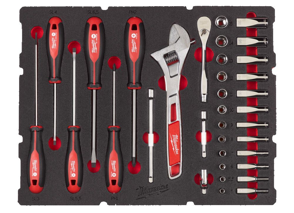 Milwaukee Accessoires 1/4" Ratel, Dop, Schroevendraaier en Moersleutel Set PACKOUT Foam Inlay 35-delig - 4932480717