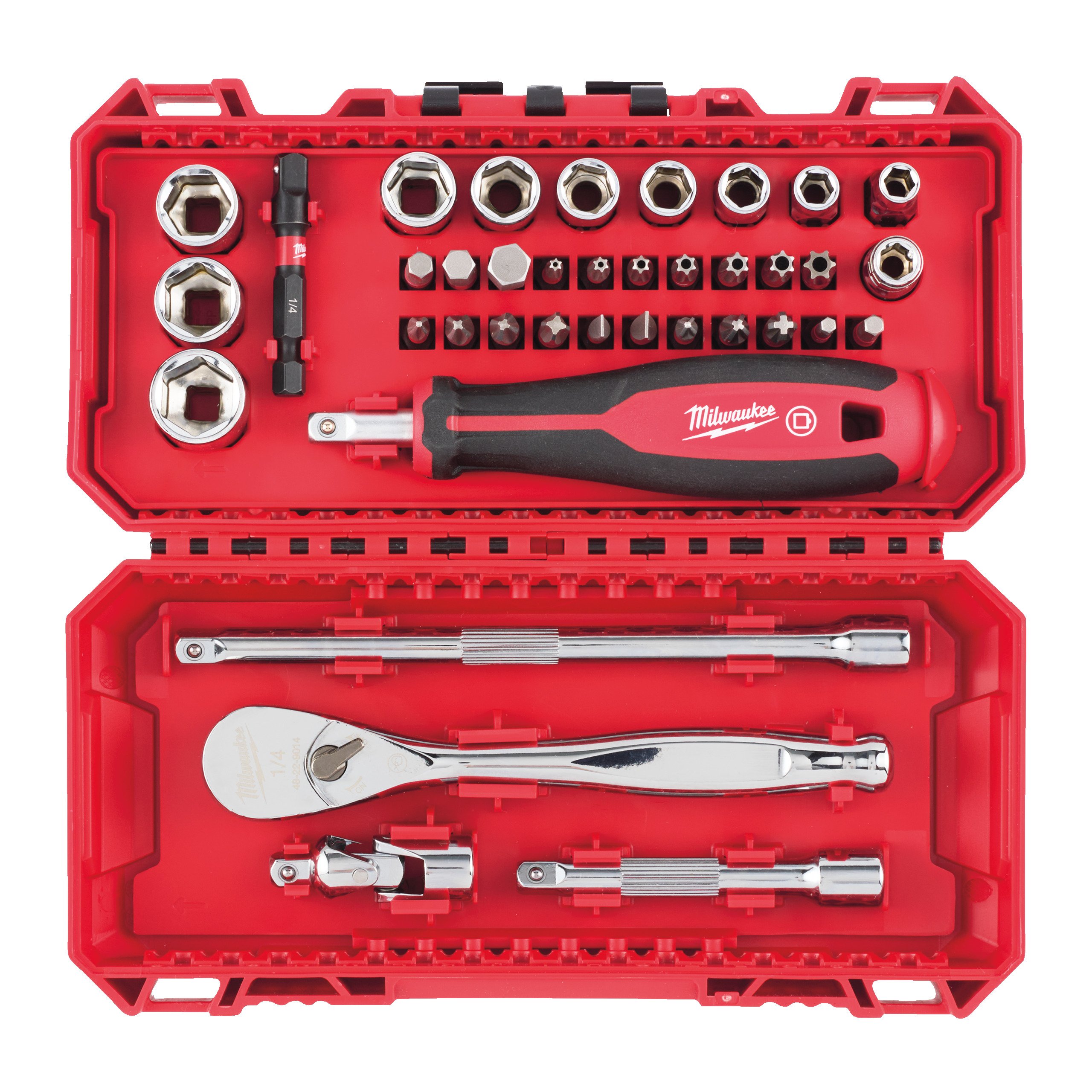 Milwaukee Doppenset en ratel | 1/4" FOUR FLAT™ | 38-delig | PACKOUT ready box - 4932498381