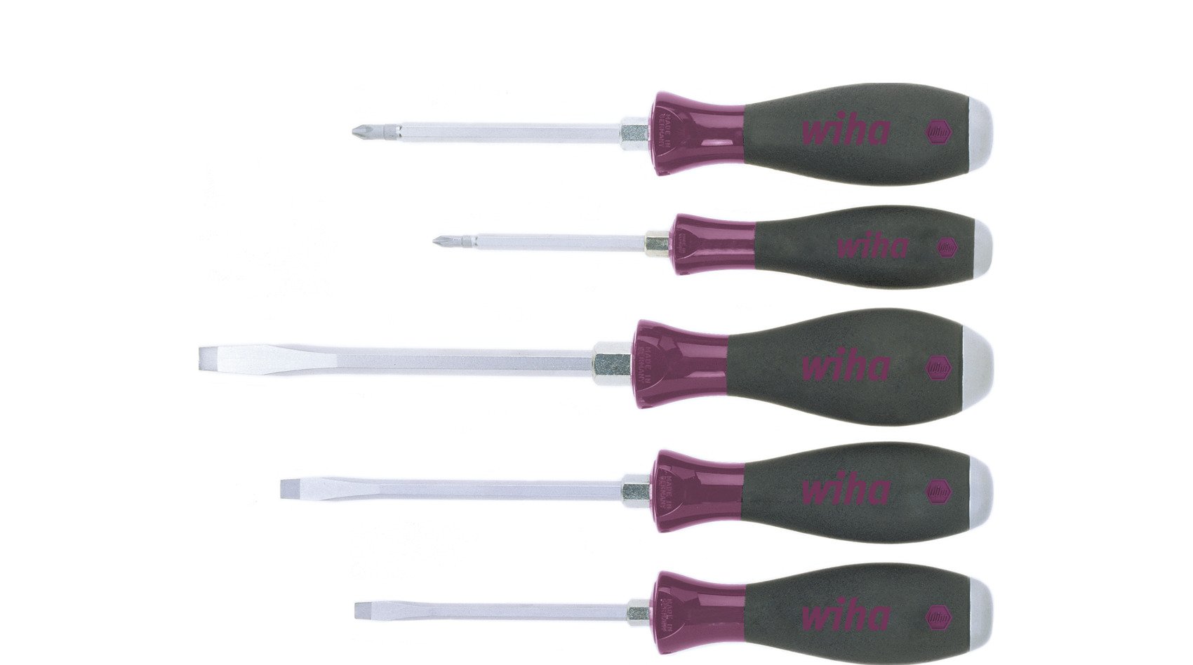 Wiha 5533HK5 Schroevendraaierset MicroFinish Sleufkop, Phillips met doorgaande zeskantkling en massieve stalen kap 5-delig - 29138