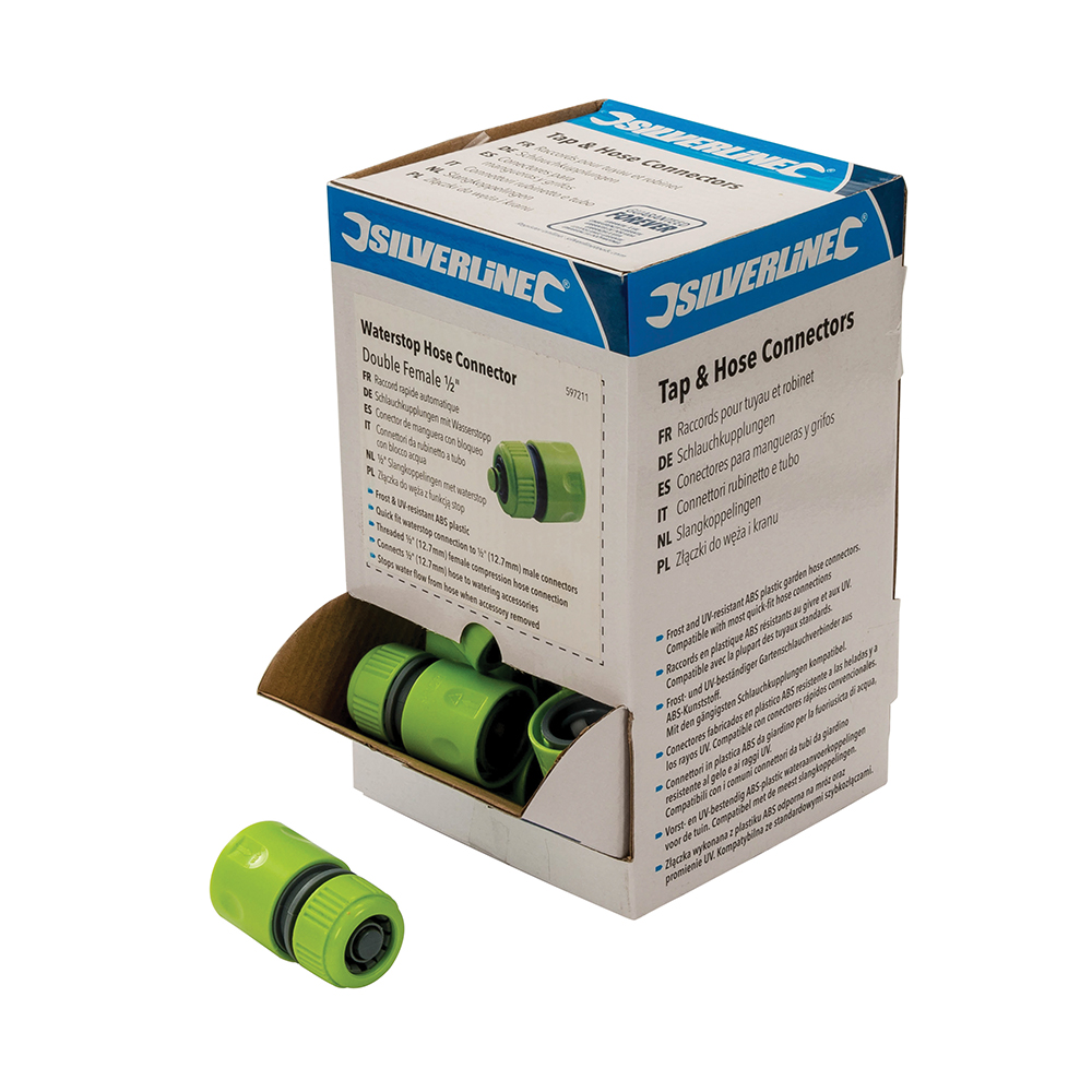 Silverline 1/2" Slangkoppelingen met waterstop, displaydoos 30 pk. | Koppeling met binnendraad - 597211