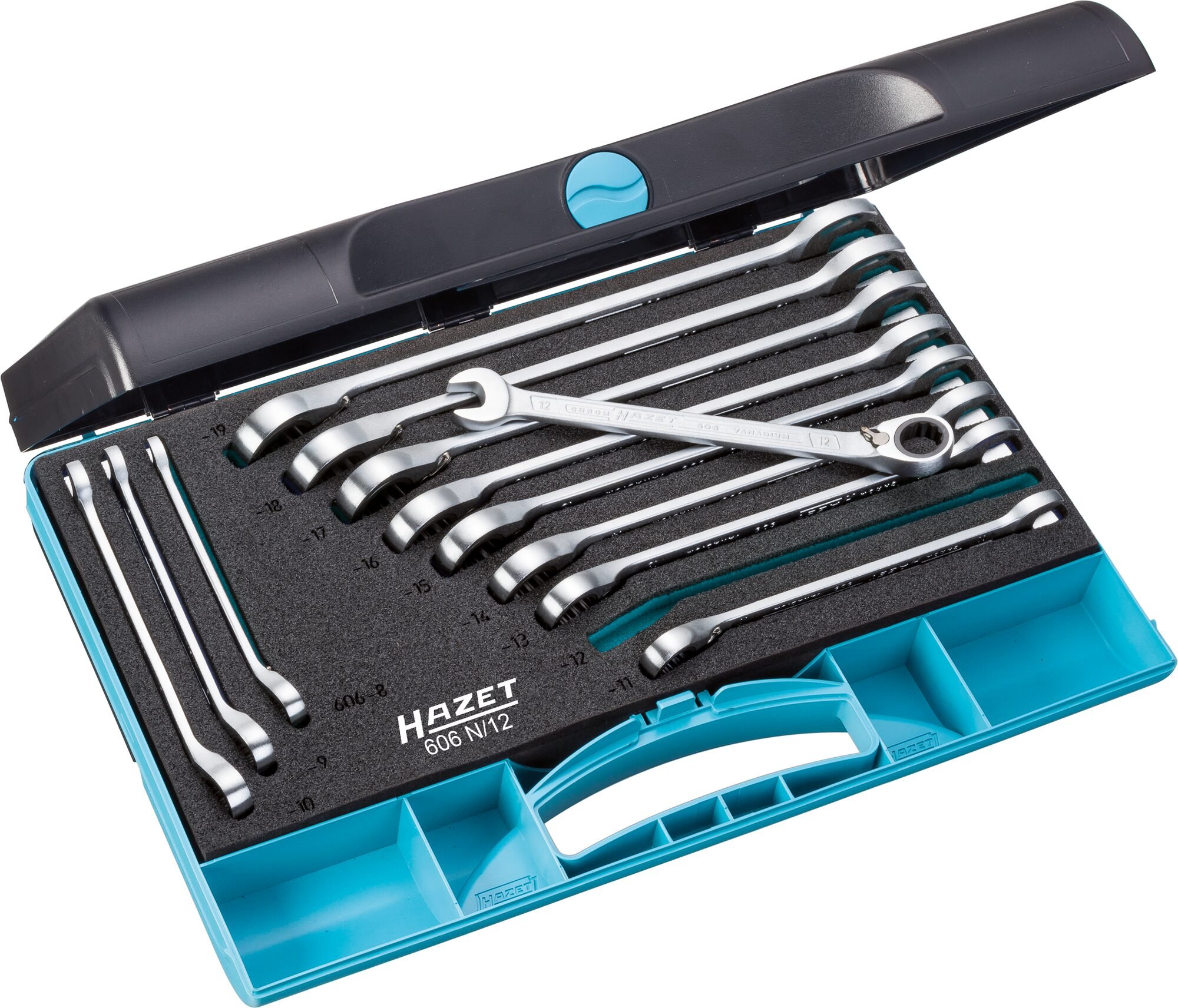 HAZET Ratel-ring-steeksleutelset 606N/12 - Buitentwaalfkant tractieprofiel - 12-delig - 8 - 19
