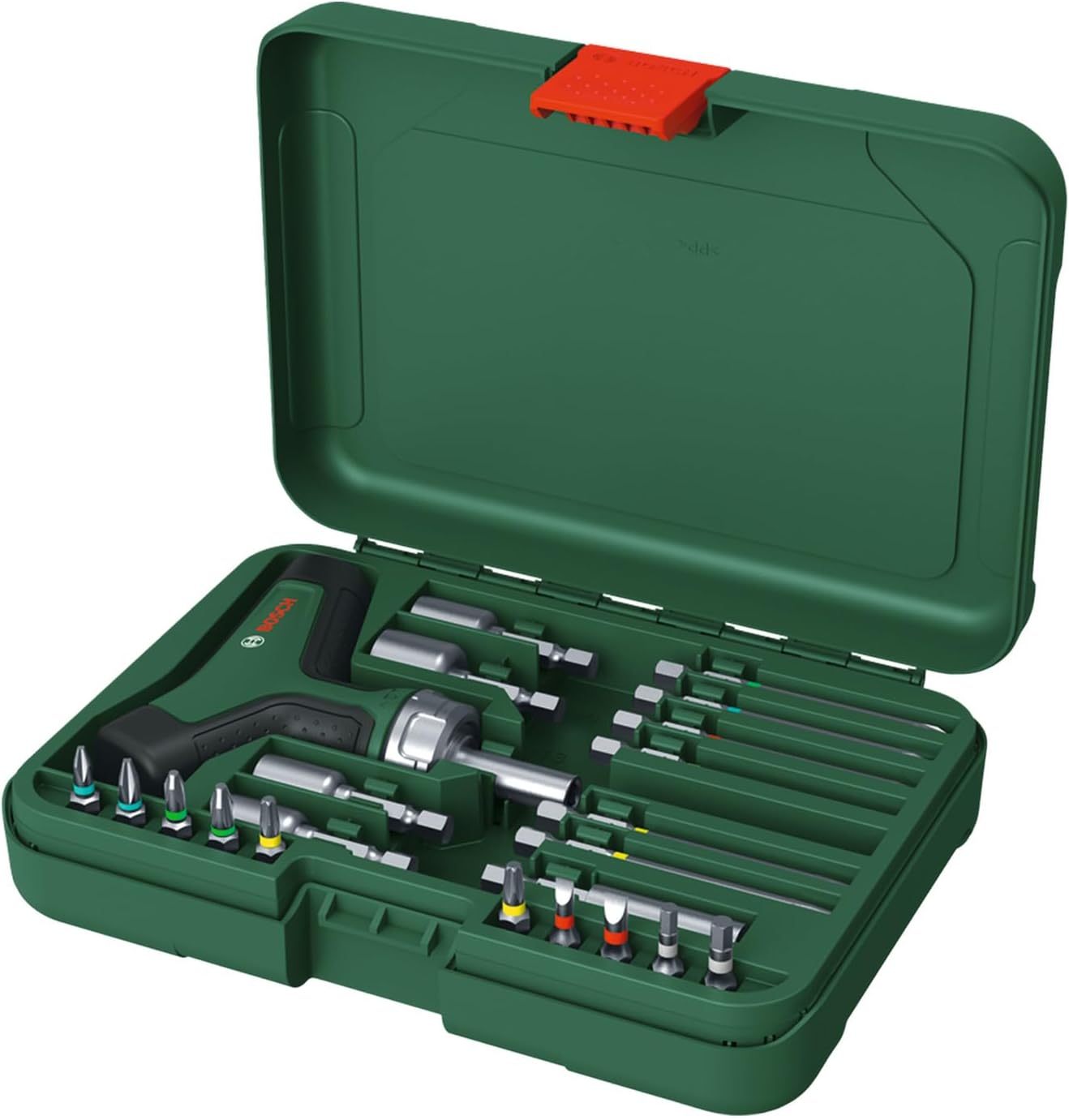 Bosch Groen T-handle ratchet screwdriver set 22-piece (T-greep ratel bitschroevendraaier 22x bit (6x lange bits (75 mm): PH2 PZ2 SL5 TX15 20 25