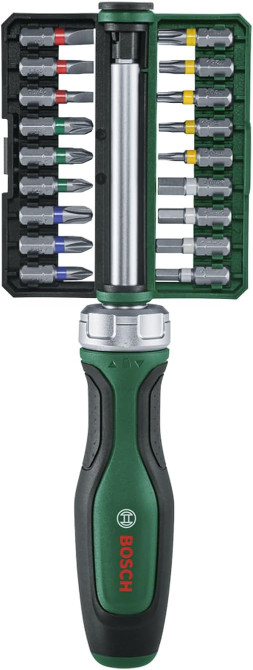 Bosch Groen Ratchet screwdriver 18 bits (Ratel bitschroevendraaier 18x bit (PH1 PH2 PH3 PZ1 PZ2 PZ3 SL4 SL5 SL6 TX10 TX15 TX20 TX25