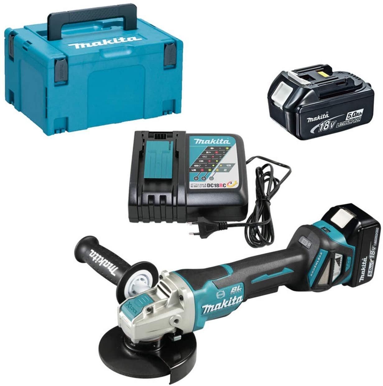 Makita DGA519RTJ Accu Haakse Slijper 125mm X-Lock 18V 5.0Ah accu´s