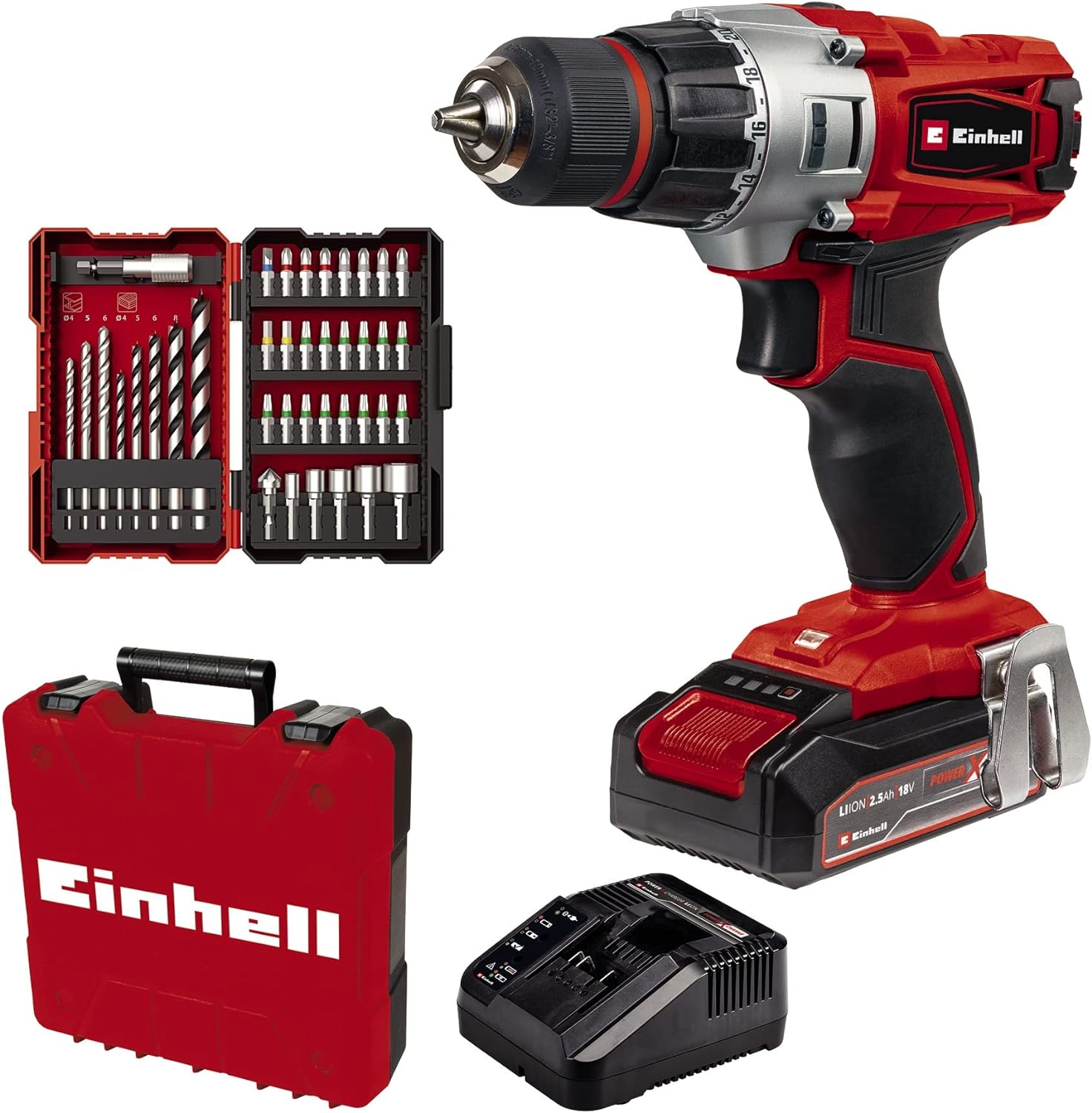Einhell TE-CD 18 2 Li Accu Boormachine | 18 V | 44 Nm | Incl. 39 delige bit-en borenset + 1 x 2 5Ah accu + lader | In koffer 4514219