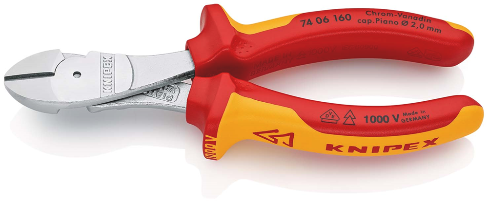 Knipex Kracht-Zijsnijtang | 160 mm Lengte | Geïsoleerd | Meer-Componentengrepen | VDE-Getest | Verchroomd - 74 06 160 SB