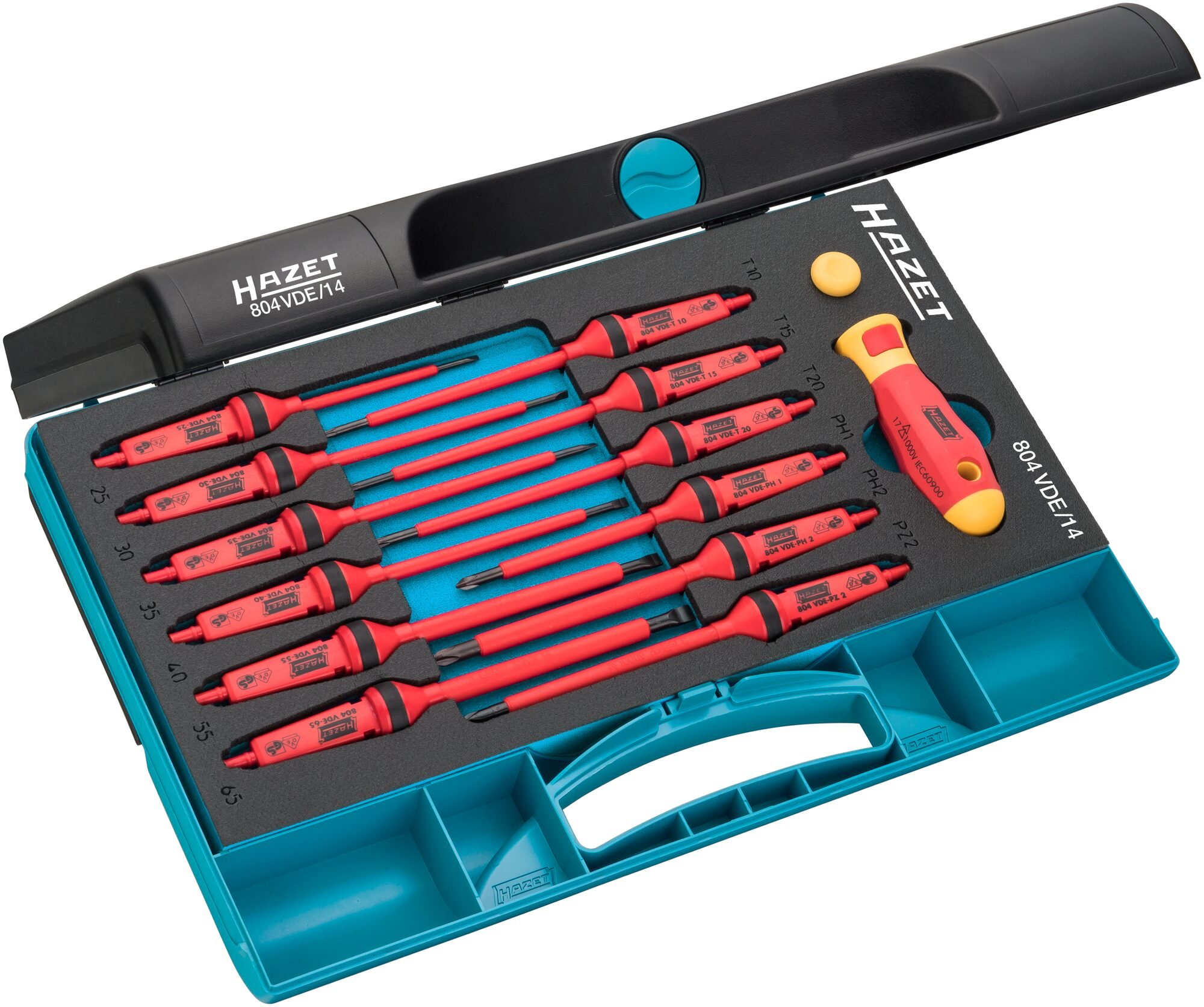 HAZET Schroevendraaierset · geïsoleerd 804VDE/14 · Pozidriv-profiel PZ, Kruiskop profiel PH, Binnen-zeskant-profiel, Sleufprofiel · 14-delig · 2,5 x