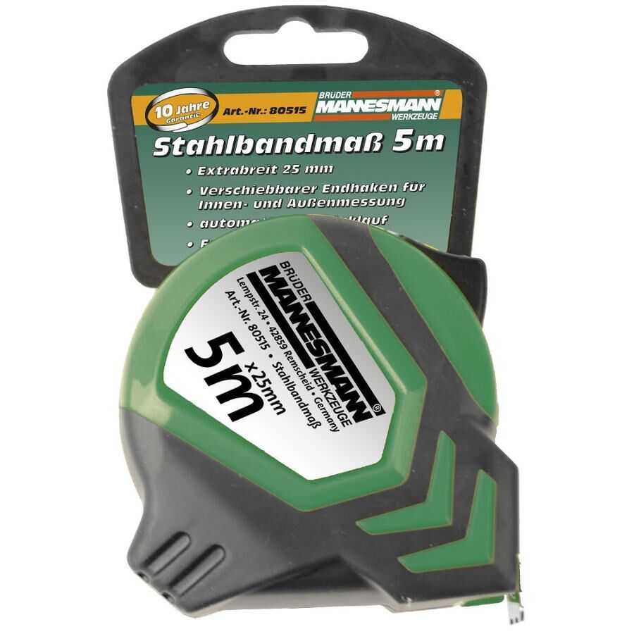 Brüder Mannesmann Meetlint 5 m x 25 mm groen/zwarte behuizing - 80515