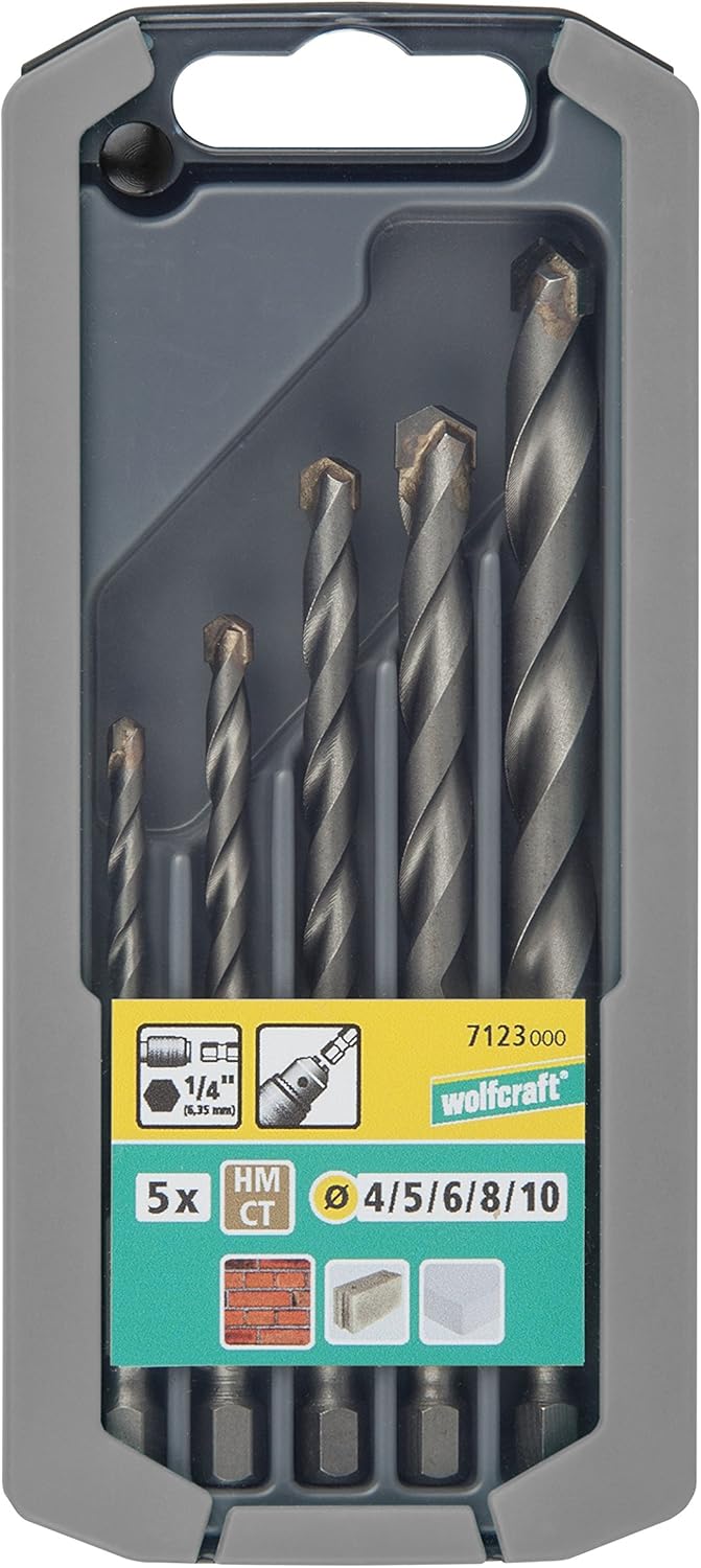 Wolfcraft Steenboorset | Hardmetaal-voorzien | Zeskantschacht | Ø4-10mm | 5-delig | 1 set - 7123000