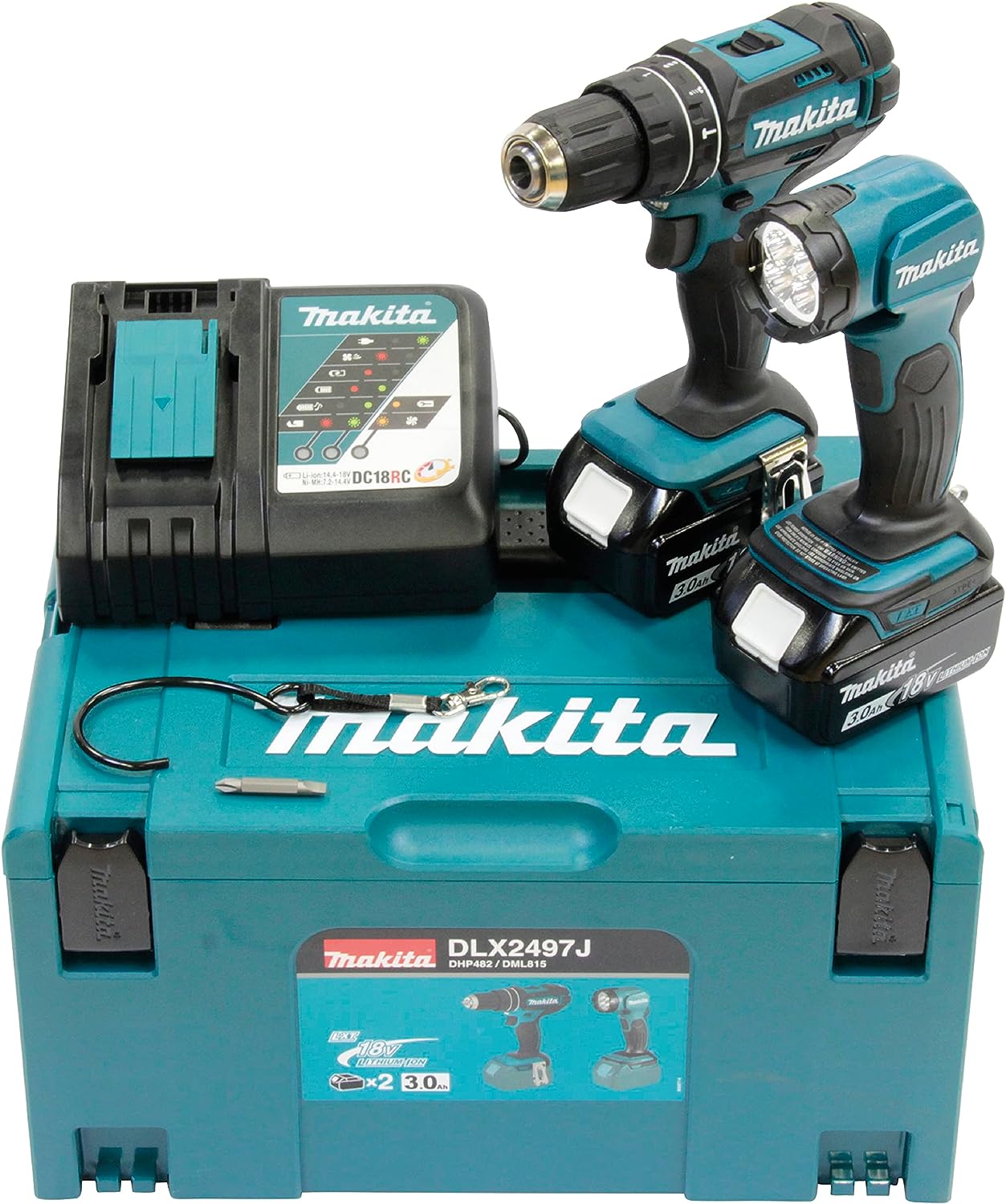 Makita DLX2497J Accu combiset DHP482RFJ 18V (Klop)boor-schroefmachine + DML815 acculamp | 2x 3.0Ah accu