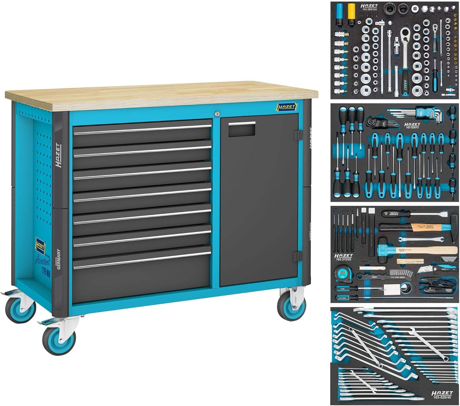 HAZET Werkbank - rijdend - Assistent 179NW - assortiment 179NW-7/210 - 210-delig - Laden, ondiep: 6 x 81 x 522 x 398 mm - Laden, diep: 1 x 166 x 522 x