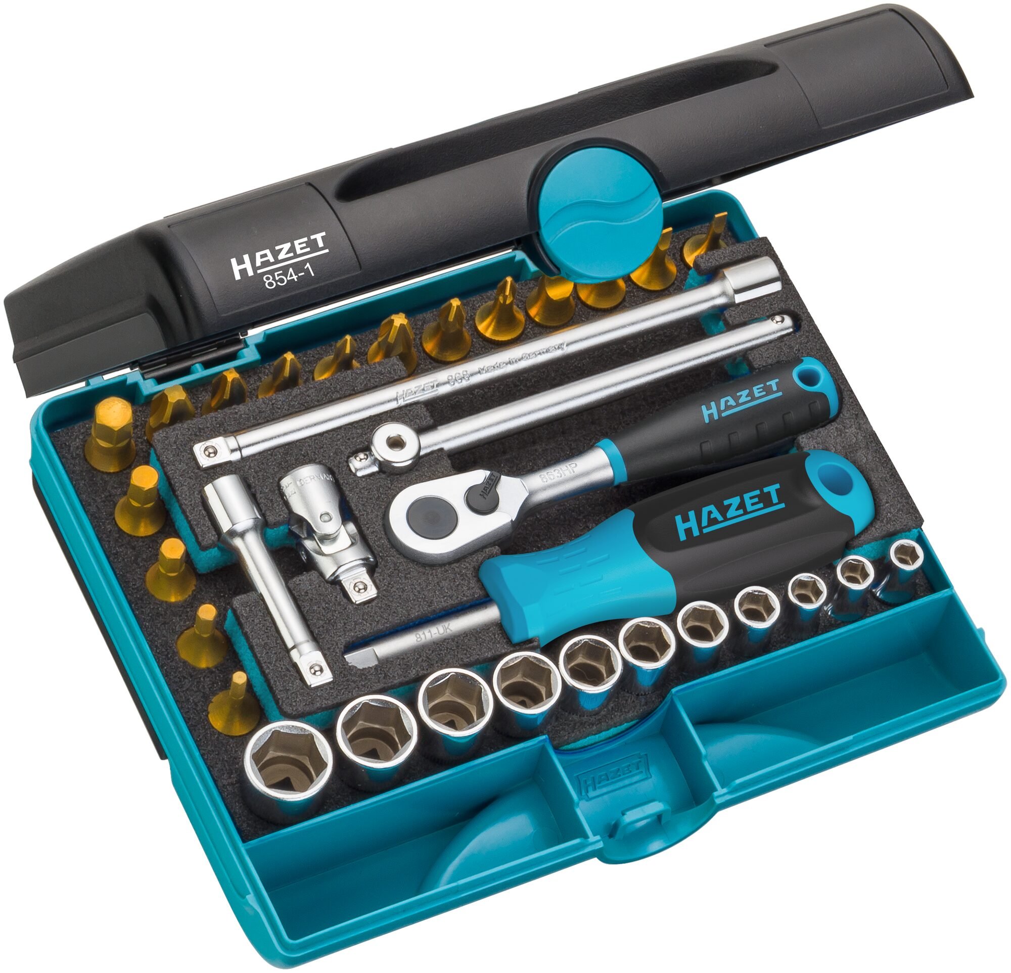 HAZET Dopsleutelset 854-1 | 1/4 inch (6,3 mm) vierkant hol | Buiten-zeskant-tractieprofiel, Binnen-zeskant-profiel, Kruiskop profiel PH | 33-delig |