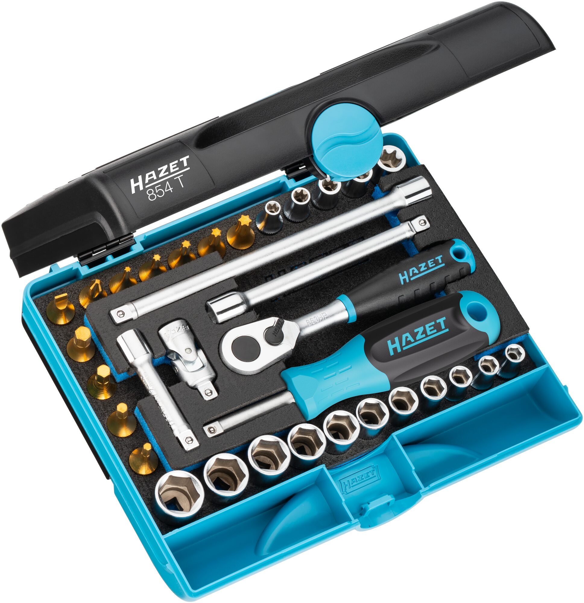 HAZET Dopsleutelset 854T | 1/4 inch (6,3 mm) vierkant hol | Buiten-zeskant-tractieprofiel, Buiten-TORX®-profiel, Binnen-TORX®-profiel, Sleufprofiel |