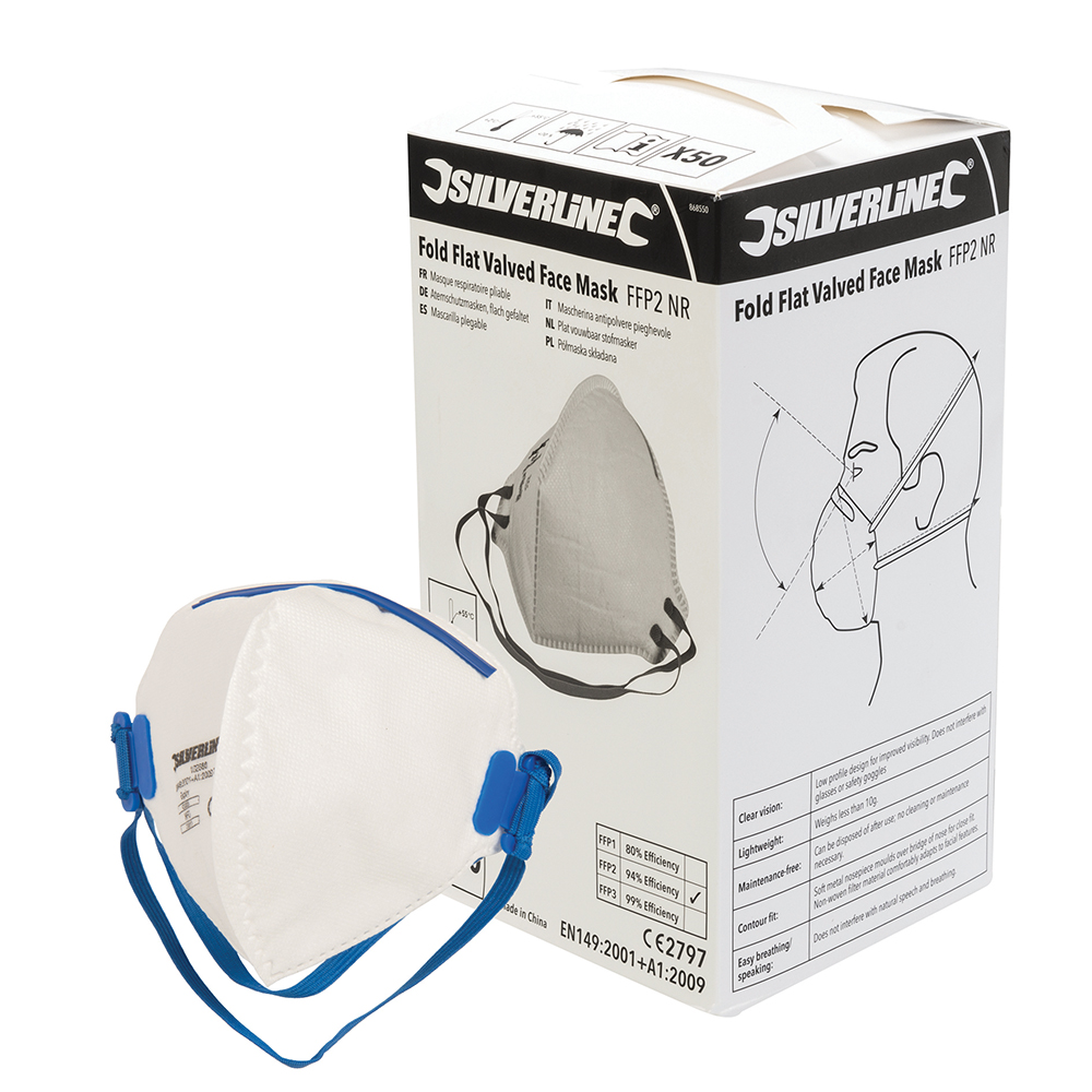 Silverline Plat vouwbaar FFP2 stofmasker, enkel gebruik displaydoos, 50 pk. | FFP2 NR - 868550