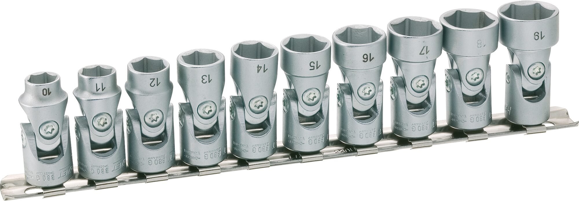 HAZET Zeskant-scharnierdopsleutelset 880G/10H · 3/8 inch (10 mm) vierkant hol · Buiten-zeskant-tractieprofiel · 10-delig · 10 · 11 · 12 · 13 · 14 · 15