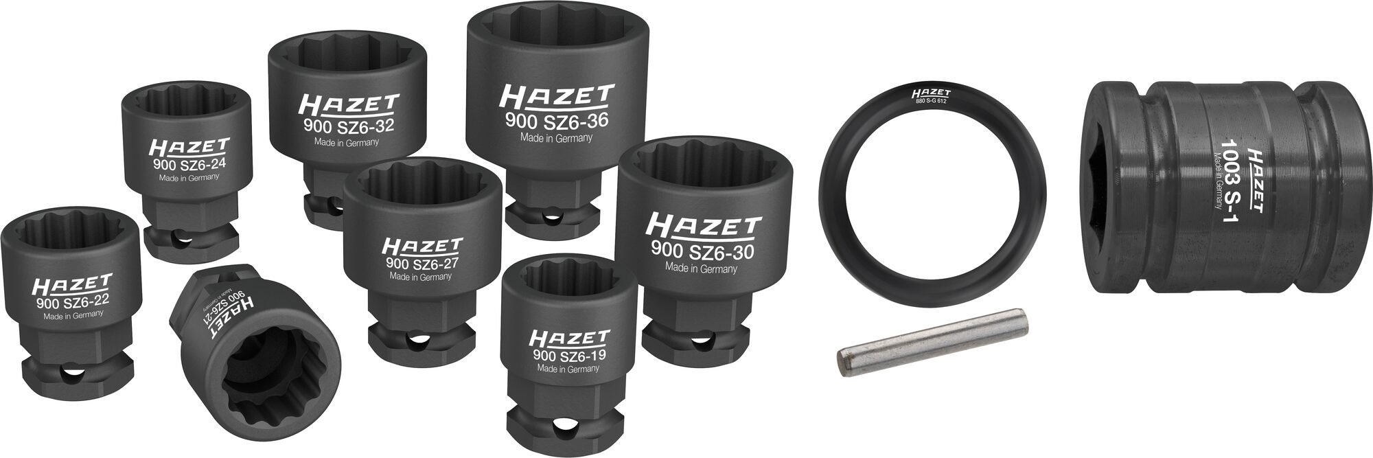HAZET Krachtdopsleutelset 900SZ6/11 · 1/2 inch (12,5 mm) vierkant hol, 24 mm buitenzeskant · Buitentwaalfkant tractieprofiel · 11-delig · 19 · 21 · 22