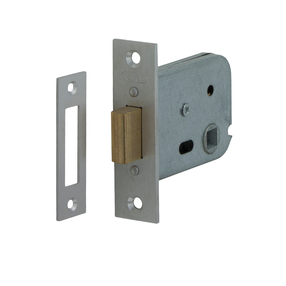 Nemef 404 Toilet/badkamerslot | DM57mm | voorplaat aluminium geëloxeerd 90x25mm rechthoekig | messing nachtschoot | sluitplaat P 1256/12 | DR 1+2+3+4