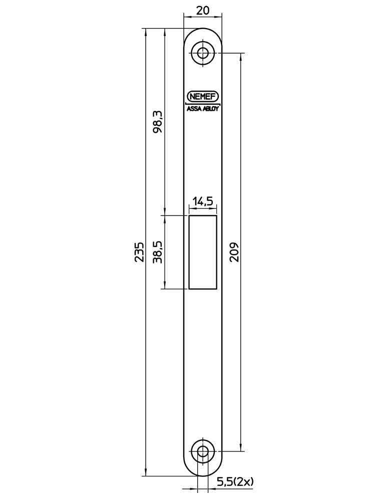 Nemef P 1759/02 Sluitplaat | staal verzinkt 20x235mm afgerond | DR 1+2+3+4 - 9175990020