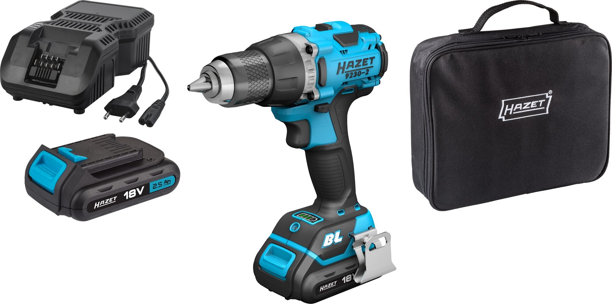 HAZET Accuschroefboormachineset · 18 Volt · 2,5 Ah (Ampère-uur) · 3-delig 9230-2 · 3-delig