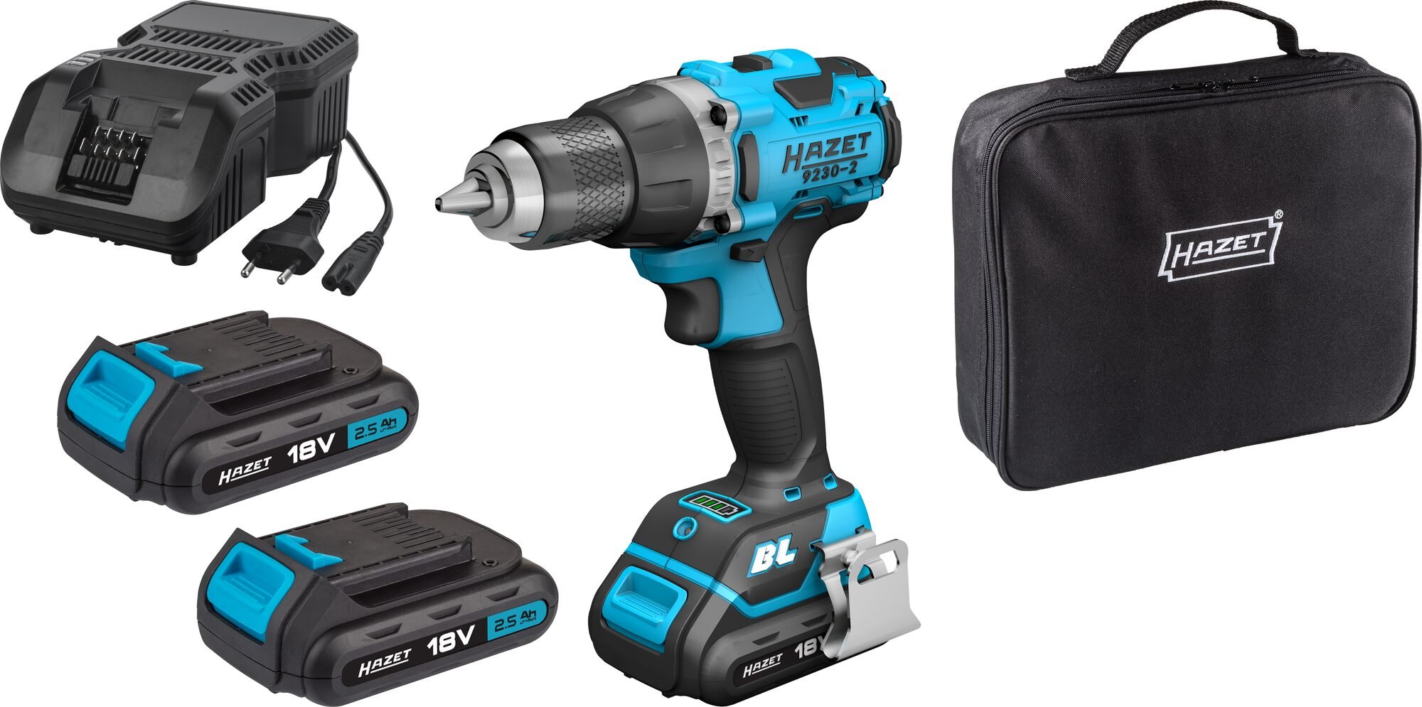 HAZET Accuschroefboormachineset · 18 Volt · 2,5 Ah (Ampère-uur) · 4-delig 9230-2/4 · 4-delig