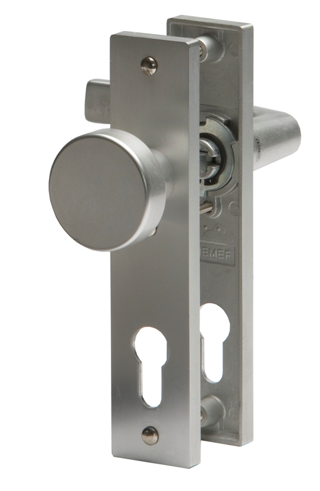 Nemef 3251 FP Ls Beslag kortschild rechthoekig | Blok kruk-knop | beslagset | geveerd | krukstift 8mm | F1 aluminium | PC72-PC72 | draairichting links
