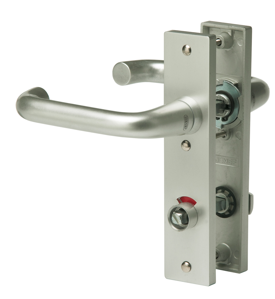 Nemef 3252 WC Rs Beslag kortschild afgerond | D kruk-kruk | beslagset | geveerd | krukstift 8mm | F1 aluminium | WC63 | draairichting rechts -