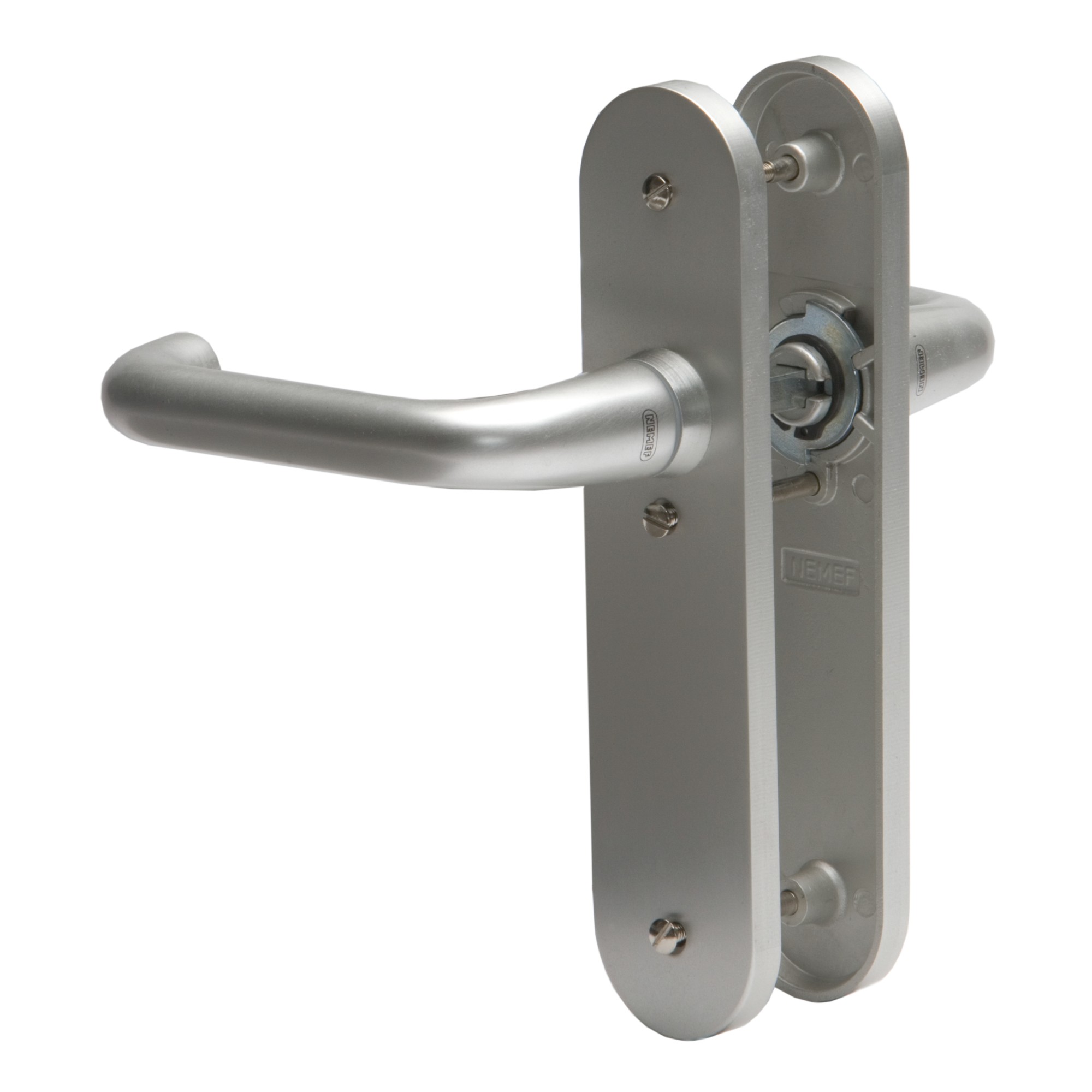 Nemef 3253 B Beslag kortschild afgerond | D kruk-kruk | beslagset | geveerd | krukstift 8mm | F1 aluminium | Blind-blind | links en rechts -
