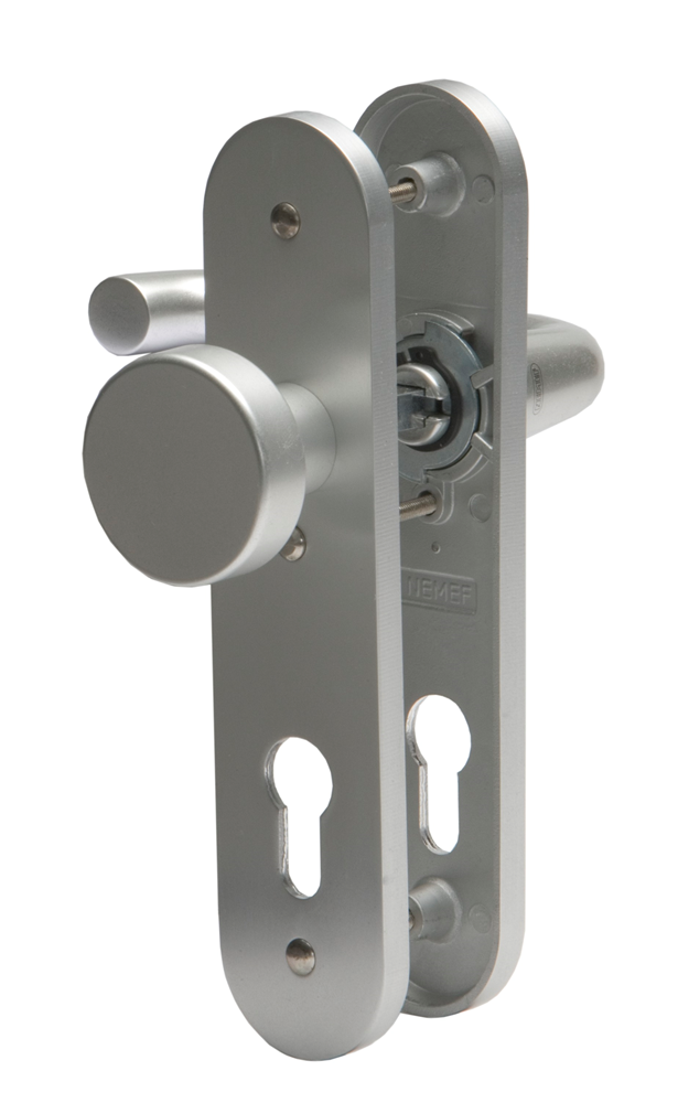 Nemef 3253 FP Ls Beslag kortschild afgerond | D kruk-knop | beslagset | geveerd | krukstift 8mm | F1 aluminium | PC55-PC55 | draairichting links -