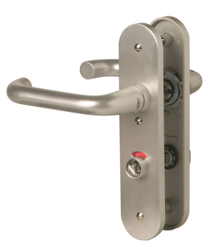 Nemef 3253 WC Rs Beslag kortschild afgerond | D kruk-kruk | beslagset | geveerd | krukstift 8mm | F1 aluminium | WC63 | draairichting rechts -