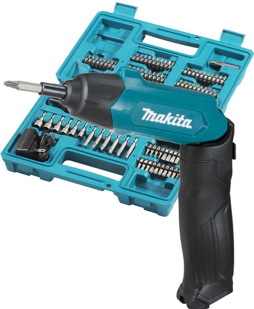 Makita DF001DW 3,6v Schroevendraaier Met ingebouwde 1,5 Ah Li-ion accu, lader, koffer, 81-delige acc. set - DF001DW