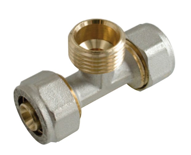 Kirchhoff Messing adapter T-stuk vernikkeld 20 mm x 3 4"ET x 20 mm klemkoppeling voor meerlagenbuis 988913255