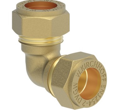 Kirchhoff Messing bocht 90° blank 22 mm klemkoppeling voor koperen buis 989451417