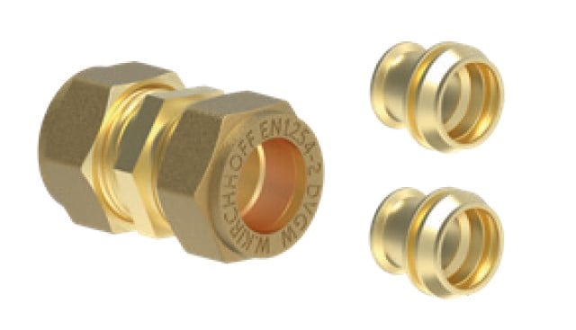 Kirchhoff Messing aansluitstuk blank 10 mm incl. 2x verloopstuk 8 mm klemfitting voor koperen buis 989454117