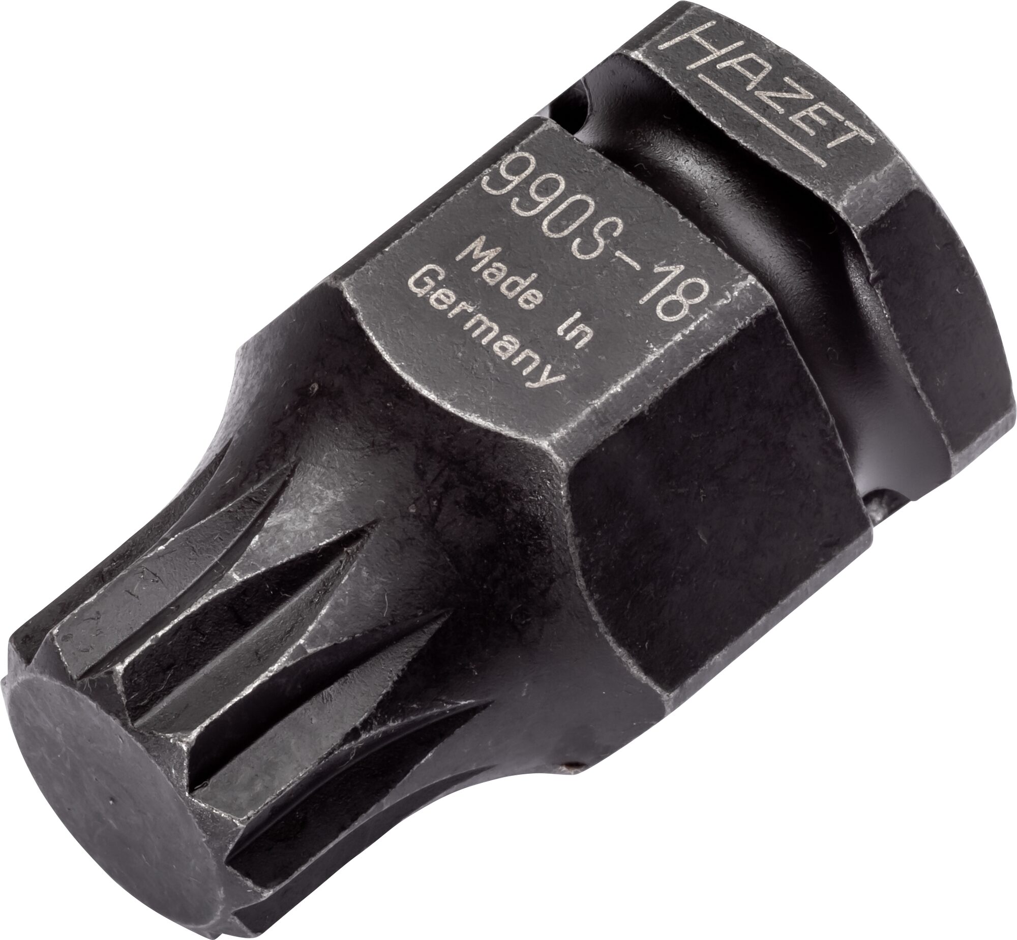 HAZET Krachtdopsleutelbit 990S-18 · 1/2 inch (12,5 mm) vierkant hol, 24 mm buitenzeskant · Binnenveeltandprofiel XZN · SW M18
