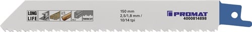 Promat Reciprozaagblad | lengte 150 mm breedte 19 mm | tandverdeling TPI 10/14 2,5/1,8 mm | gefreesd, getordeerd | 5 stuks / kaart - 4000814898 -