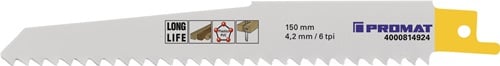 Promat Reciprozaagblad | lengte 150 mm breedte 19 mm | tandverdeling TPI 6 4,2 mm | gefreesd, getordeerd | 5 stuks / kaart - 4000814924 4000814924
