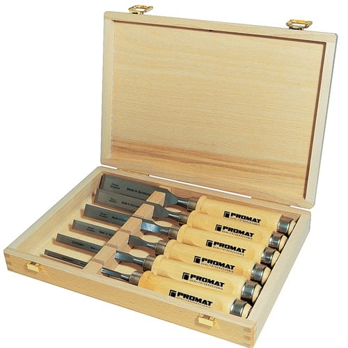 Promat Steekbeitelset | 6,10,12,16,20,26 mm | heft van wit beukenhout Ulm vorm | 6-delig | houten kist - 4000815306 4000815306