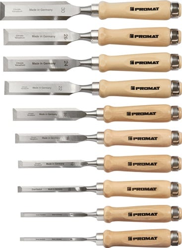 Promat Steekbeitelset | 6,8,10,12,16,20,22,24,26,30 mm | heft van wit beukenhout Ulm vorm | 10-delig | doos - 4000815371 - 4000815371
