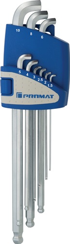 Promat/Tecwerk Haakse schroevendraaierset | 9-delig kunststof houder | SW 1,5-10 mm | korte poot extra kort kogelkop - 4000825109