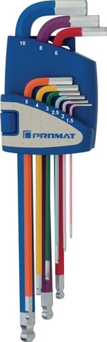 Promat Haakse schroevendraaierset | 9-delig kunststof houder | SW 1,5-10 mm | lang kleurcodering, kogelkop - 4000825110 - 4000825110