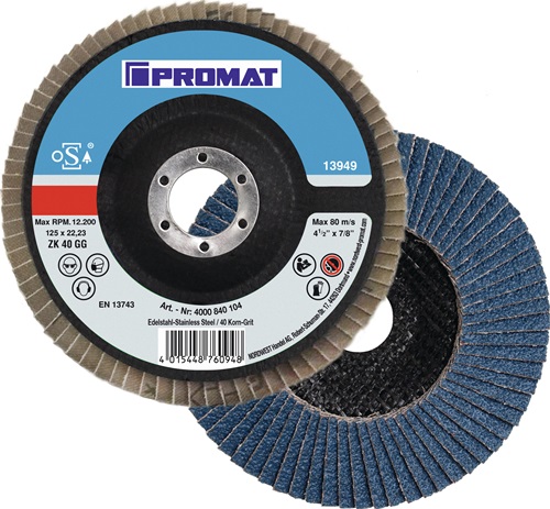 Promat Lamellenslijpschijf | hoeklas | d. 125 mm korreling 60 conisch | RVS zirkoniumkorund - 4000840105 4000840105