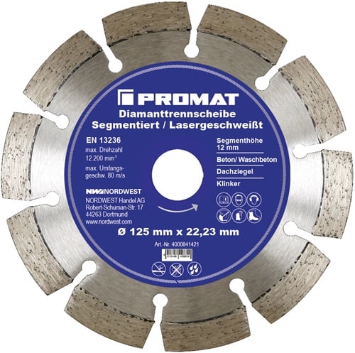 Promat Diamantzaagblad | d. 125 mm gat 22, 23 mm | lasergelast | 12 mm - 4000841421 4000841421