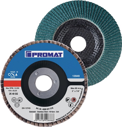 Promat Lamellenslijpschijf | d. 125 mm korreling 120 conisch | RVS zirkoniumkorund - 4000841519 4000841519