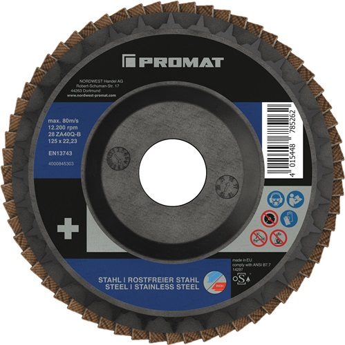 Promat Lamellenslijpschijf | ZA40Q-B 2in1 | d. 125 mm korreling 40 plat | RVS/staal zirkoniumkorund - 4000845303 4000845303