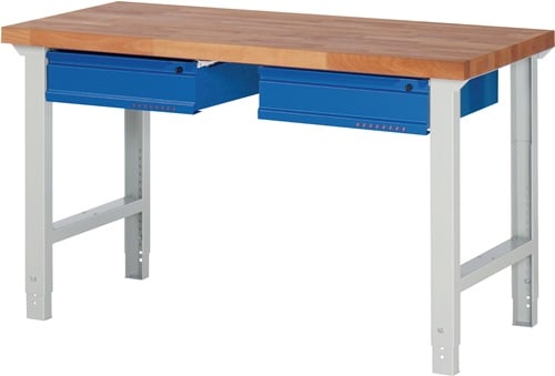 Promat Werkbank | serie BK 650 | B1500xD700xH790-1140mm beukenh. massief | lichtgrijs RAL7035 gentiaanblauw RAL5010 | 2 laden - 9000425520 9000425520