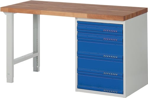 Promat Werkbank | serie BK 650 | B1500xD700xH840mm beukenhout massief | lichtgrijs RAL7035 gentiaanblauw RAL5010 | 5 laden - 9000425528 9000425528